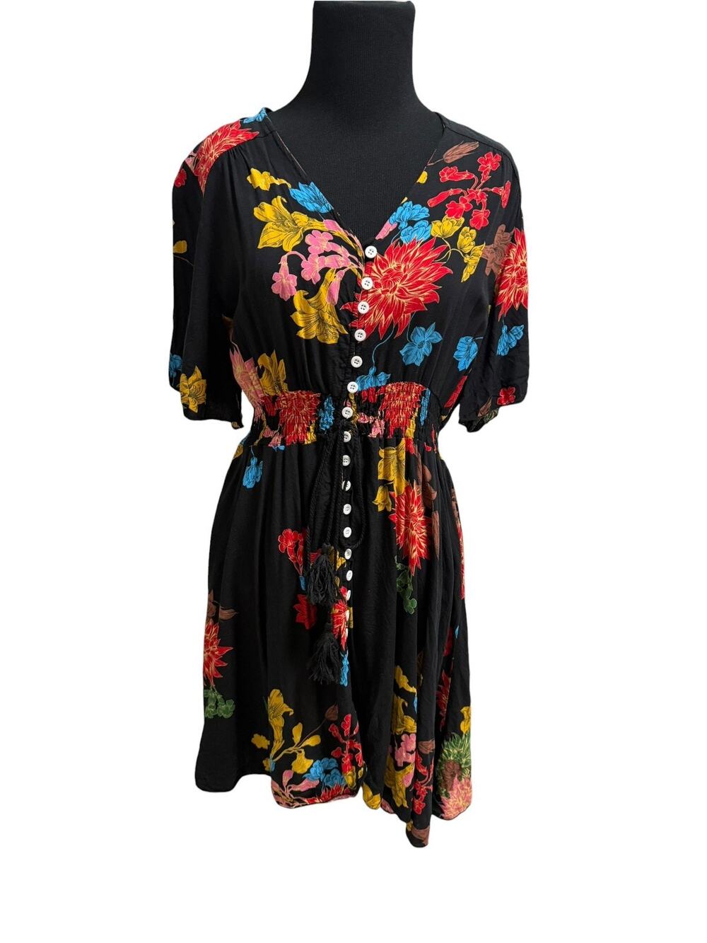 Unbranded Black Boho Mini Floral Short Dress Women's Size Large